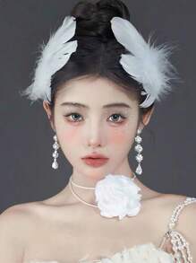 2件套法式白色天鹅羽毛珍珠头饰，适合芭蕾舞、新娘羽毛发饰、情人节配饰