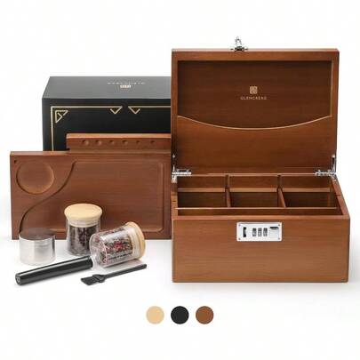 Stash Box With Rolling Tray Smell Proof Large Bamboo Storage Box With Lock Decorative Set Includes Glass Jars And Grinder Gift For Men Women