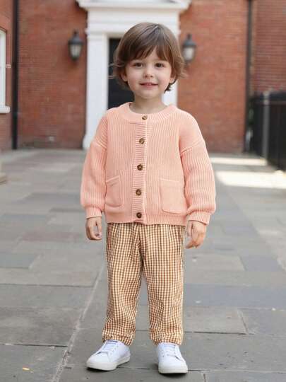 Toddler Baby Knit Cardigan Solid Long Sleeve Crew Neck Button-Up Sweater With Pockets Casual Boys Girls Fall Clothes