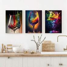 Juego de 3 piezas, Impresiones de arte en lienzo 2D, Decoración de estilo abstracto de copa de vino, Carteles de pintura de acuarela colorida, Adecuado para uso en interiores y exteriores, Decoración para el hogar, oficina, sala de estar, dormitorio, baño, comedor, Decoración con tema de dibujos animados - Multicolor - Ver 12