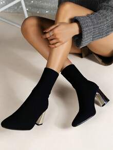 Botines elegantes de punta puntiaguda y tacón grueso, botas tipo calcetín elásticas, tacones altos para mujer - Negro - Ver 2