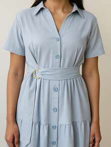 Linen Midi Dress With Lining, Buttons And Structured Collar - Màu xanh lam - Xem 3