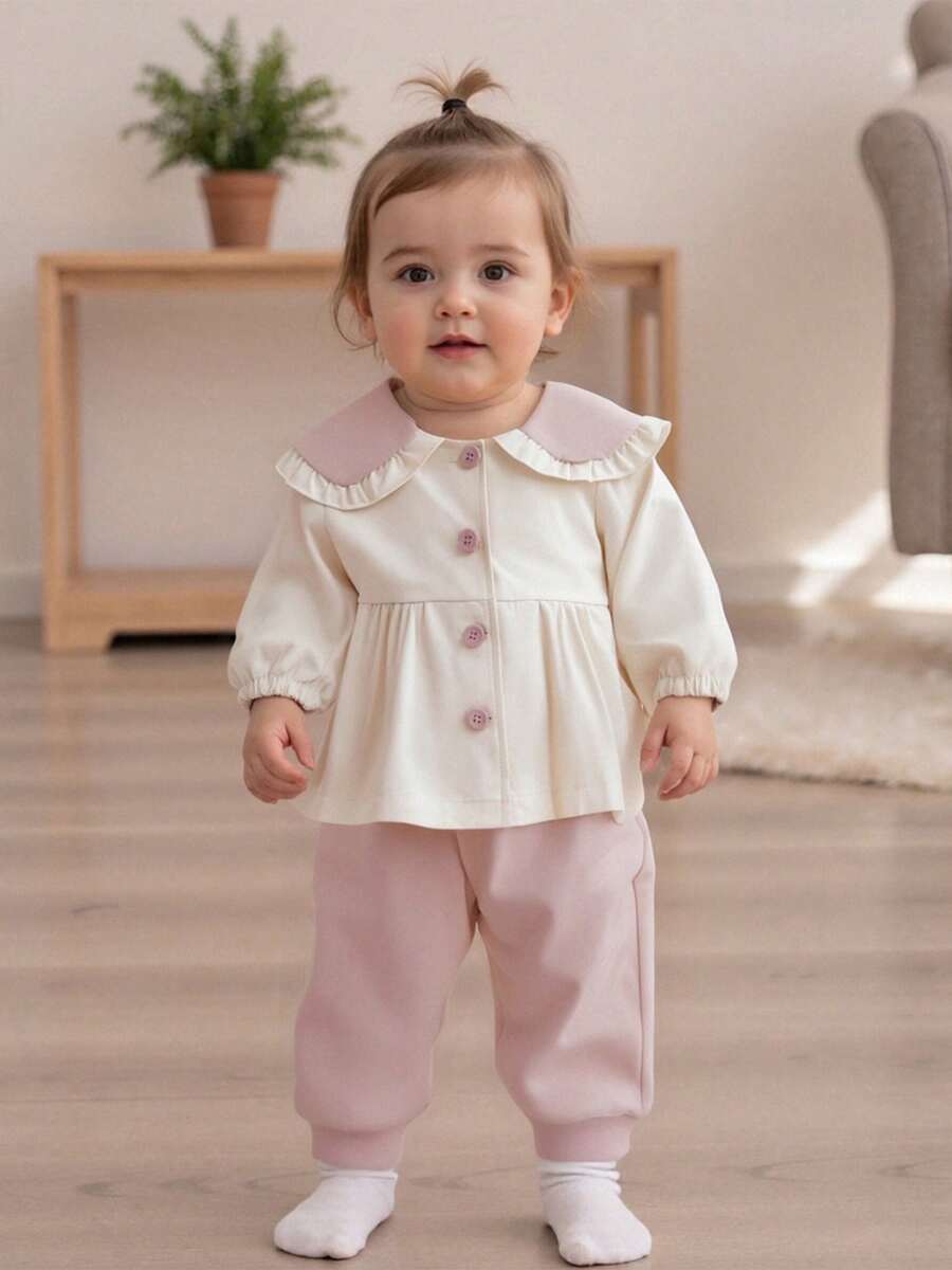 Toddler Girls Fall Jacket With Bunny Ears Long Sleeve Doll Collar Button Down Loose Coat Baby Outwear Windbreaker - Apricot - View 1