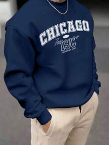 Men's Floral Font Retro American Style Crew Neck Sweatshirt | Chicago Letter Print | Casual Streetwear, Autumn/Winter