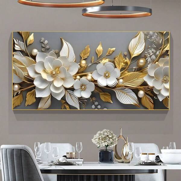 لوحة مطبوعة على قماش باقة بيضاء مع أوراق ذهبية، فن جداري حديث للديكور، مناسب لمقاهي، المنازل، غرف النوم، غرف المعيشة، المطابخ، الحمامات، المكاتب، ديكور المنزل، تزيين المنازل، ديكور غرفة النوم، ديكور الجدران، خيار مثالي لإهداء الأصدقاء لديكور المنزل وغرفة النوم