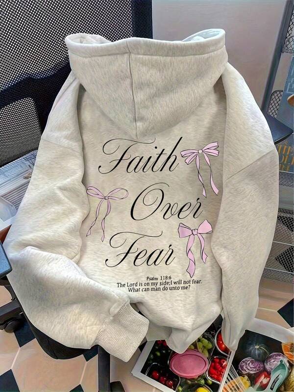 "Faith Over Fear" Christian Bible Verse Jesus Christ Graphic Print Pullover Sweatshirt, Suitable For Airport, Fall Outfits, Back To School Women's Solid Color Long Sleeve Pocket Relaxed Fit Hoodie Sweatshirt, Casual Fall Clothes For Women
