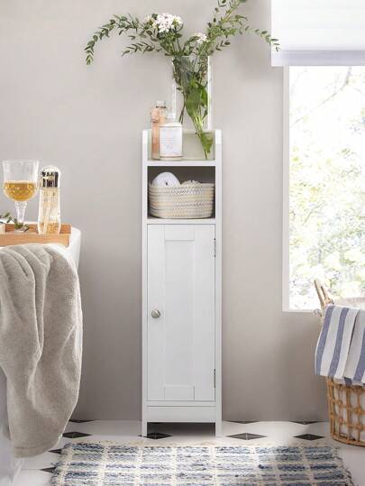 VASAGLE Slim Bathroom Floor Storage Cabinet With Door And Shelves, Freestanding Bathroom Storage Unit, Narrow Bathroom Toilet Paper Storage Cabinet, Adjustable Shelves, White