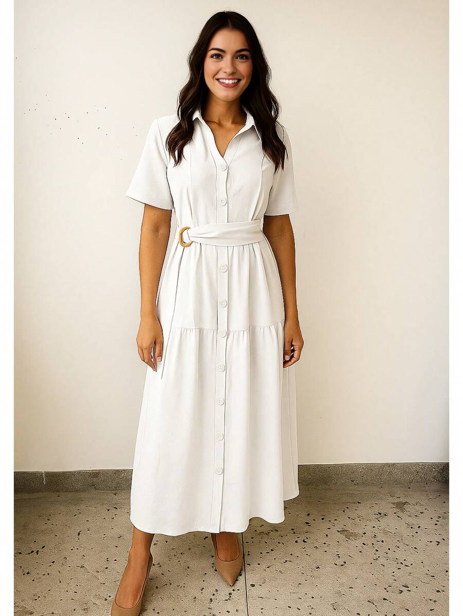 Linen Midi Dress With Lining, Buttons And Structured Collar - White - View 1