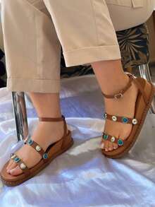 Women's Caramel Sandal With Decorative Stones And Comfort - 駝色 - 查看 4