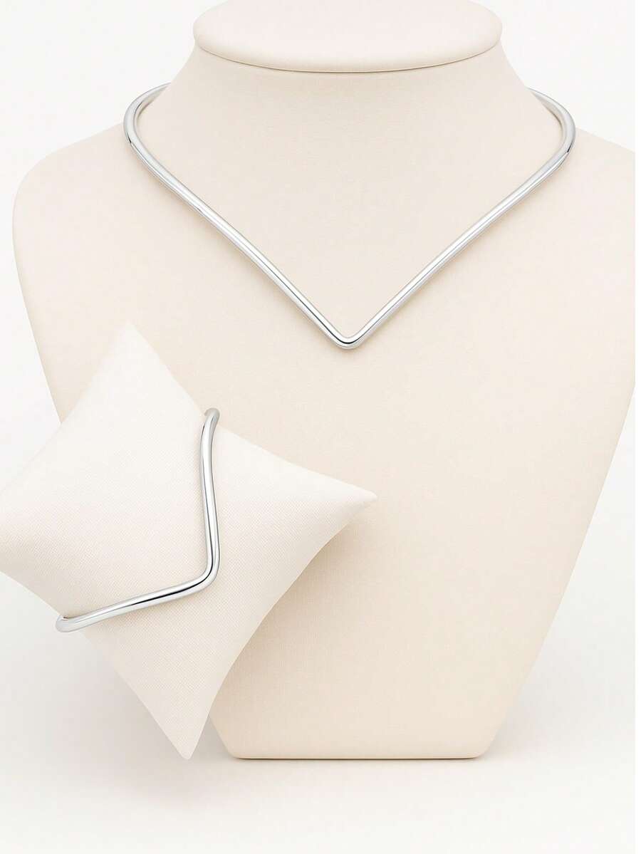 Organic V-Necklace Choker And Bracelet - Adjustable - Gold And Silver - Fashion Accessory - 銀色 - 查看 1