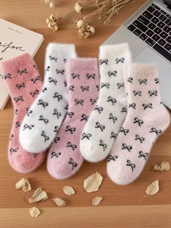 5 Pairs Women & Couples Thick Warm Autumn/Winter Cute Bowknot Fluffy Cozy Crew Socks