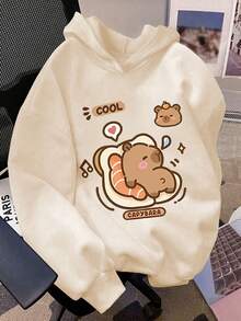 1 件女孩长袖连帽套头衫，带有“江豚”印花图案，为年轻女孩/周女孩/少女女孩提供舒适、时尚、休闲的秋冬新款上衣 - 杏色 - 查看 1