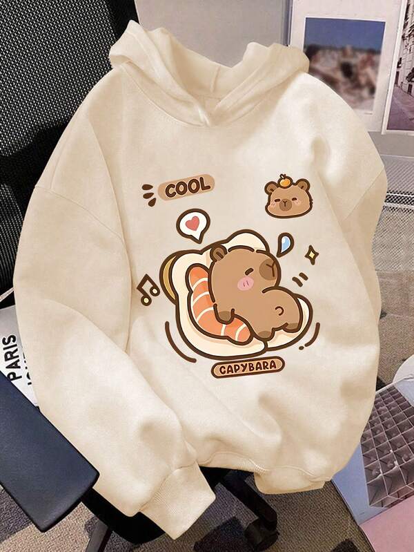 1 Piece Of Girl's Long Sleeved Hooded Pullover With "Finless Porpoise" Print Pattern, Providing A Comfortable, Fashionable, And Casual Autumn And Winter New Top For Young Girls/Week Girls/Teen Girls