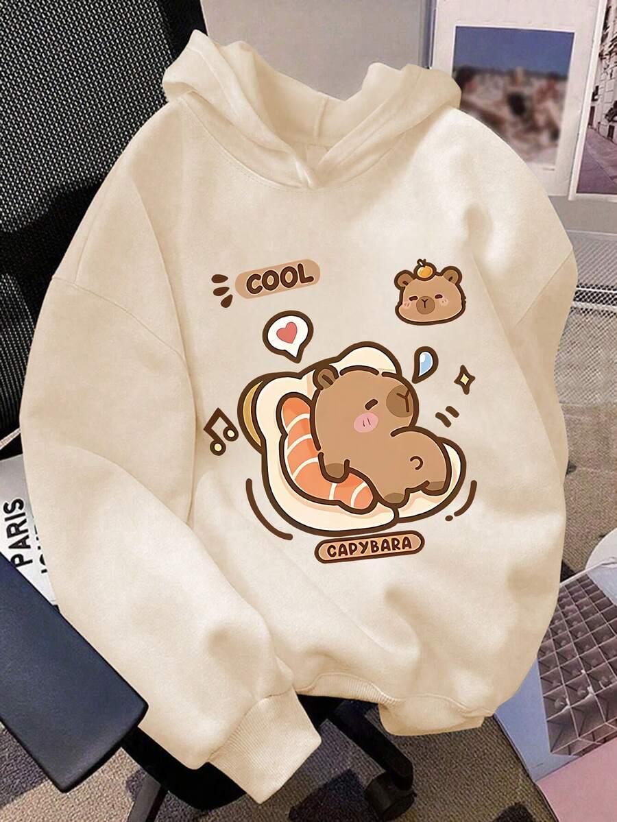 1 件女孩长袖连帽套头衫，带有“江豚”印花图案，为年轻女孩/周女孩/少女女孩提供舒适、时尚、休闲的秋冬新款上衣 - 杏色 - 查看 1