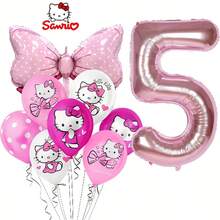 11 قطعة من سلسلة سانريو هالو كيتي، بالونات وردية مطبوعة بشعار هالو كيتي، بالونات وردية بشكل فيونكة وأرقام، مجموعة لحفلة عيد الميلاد العائلية