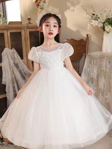 Girls' White Tulle Skirt, Flower Girl Dress For Wedding, Holiday, Party - White - View 6