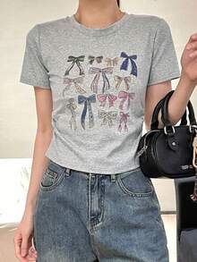 Butterfly Print Crew Neck Cinched Waist Short Cropped T-Shirt - Grey - View 1