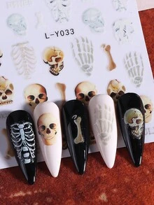 Pegatinas luminosas de uñas de Halloween 3D 2/4/5 piezas que brillan en la oscuridad, diseño de manicura francesa con dibujos de pétalos de margarita góticos, fantasmas, calabazas, calaveras, huesos de mano, telarañas y motivos espeluznantes para decoración de uñas en otoño e invierno, accesorios de arte de uñas autoadhesivos