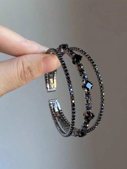 1pc Fashionable & Elegant Black Rhinestone Elastic Bracelet, Suitable For Women In Any Occasion