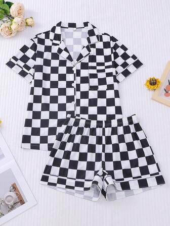 2pcs Women Plaid Print Pajama Set, Short Sleeve Top And Shorts, Front Button Pocket Casual Homewear, Suitable For All Seasons