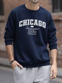 Men's Floral Font Retro American Style Crew Neck Sweatshirt | Chicago Letter Print | Casual Streetwear, Autumn/Winter
