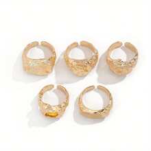 5 Pieces Of Retro Creative Asymmetrical Metal Gold Liquid Lava Abstract Gemstone Ring, Simple And Stylish Geometric Multi-Element Overlay Ring Set, Suitable For Men's Daily And Party Decoration Charm Jewelry - 金黃色 - 查看 4