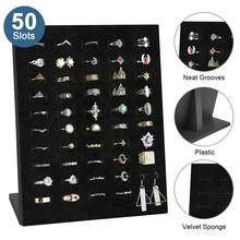 Expositor de anillos con 50 ranuras, bandeja para joyas con diseño inclinado, elegante organizador de joyas para guardar aretes, ideal para uso doméstico y en boutiques. - Negro - Ver 3