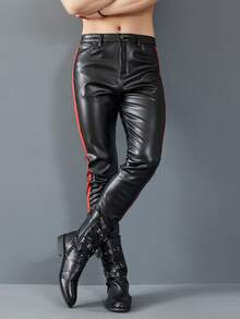 Idopy Men`S Motorcycle Slim Fit Five Pockets Stretchy Faux Leather PU Pants Concerts Party Night Club Rider Trousers With Strips - màu đen - Xem 4