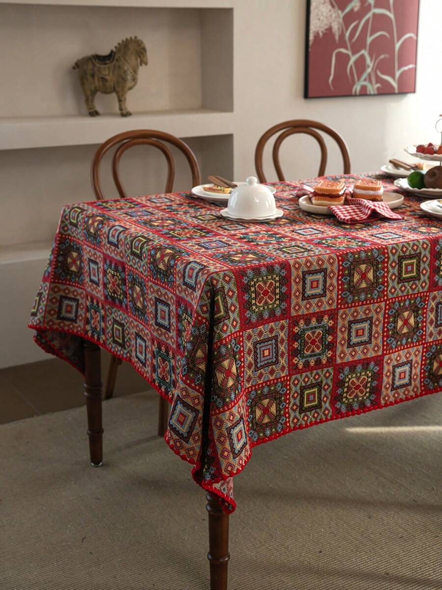 1pc Bohemian Style Decorative Tablecloth, Red Geometric Square Jacquard Tablecloth With Shell Embroidery Lace Trim, Rectangular Table Cloth Suitable For Christmas, Party, Wedding, Home Decor, Vintage Style (Slight Color Difference) - Multicolor - View 1