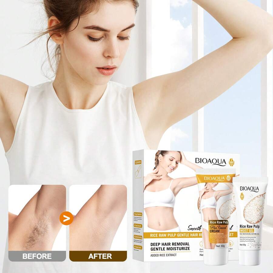 Bộ sản phẩm tẩy lông bằng gạo 2 món/hộp gồm kem tẩy lông và gel làm dịu da, tẩy lông nhanh chóng và nhẹ nhàng, giúp giảm sự phát triển của lông, phục hồi nang lông, dưỡng ẩm cho da khô, cho làn da mịn màng, mềm mại và nhạy cảm khi sử dụng hàng ngày. - Nhiều màu - Xem 1