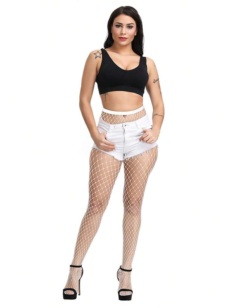 1/2/3 Pairs Women High Waist Fishnet Leggings, White Fishnet Tights - White - View 4