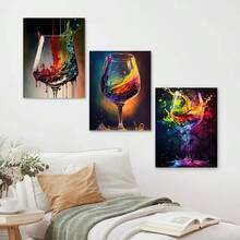Juego de 3 piezas, Impresiones de arte en lienzo 2D, Decoración de estilo abstracto de copa de vino, Carteles de pintura de acuarela colorida, Adecuado para uso en interiores y exteriores, Decoración para el hogar, oficina, sala de estar, dormitorio, baño, comedor, Decoración con tema de dibujos animados - Multicolor - Ver 4