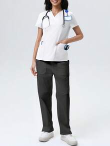 女士纯色V领短袖带口袋休闲护士服手术服上衣，手术服护士服临床手术服护士医生防尘工作服手术服上衣 - 白色 - 查看 1