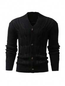Men's Solid Rib-Knit Long-Sleeved Button-Up Cardigan - màu đen - Xem 4