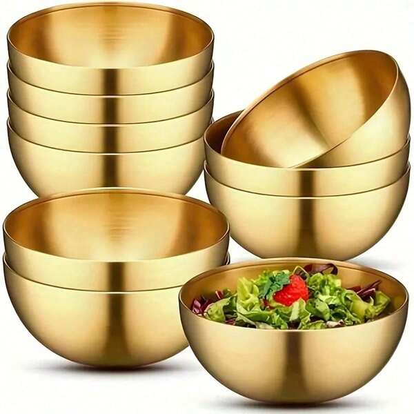 1 Piece Stainless Steel Gold Salad Bowl, Rustproof, Suitable For Serving Fruits, Noodles And Baking - Multipurpose Kitchen Utensil,School Supplies