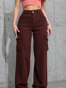 Pantalón jeans mezclilla cargo mujer dama femenino tiro alto recto ancho  trendy original día noche casual juvenil sexy moderno oficina trabajo surprise jeans - Café integral - Ver 1