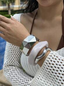 1pc Fashionable Metallic Spring Bangle Bracelet, Geometric Modern Futuristic Shiny Finish, Suitable For Parties, Daily Wear, Gift - Bracelet - View 11