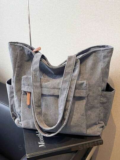 Simple Solid Corduroy Tote Bag, Large Capacity Casual Outdoor Travel Shoulder Bag, Lightweight Multi-Functional Shopping Grocery Storage Handbag, Portable Multi-Pocket Commuter Bag, Suitable For Daily Office Use