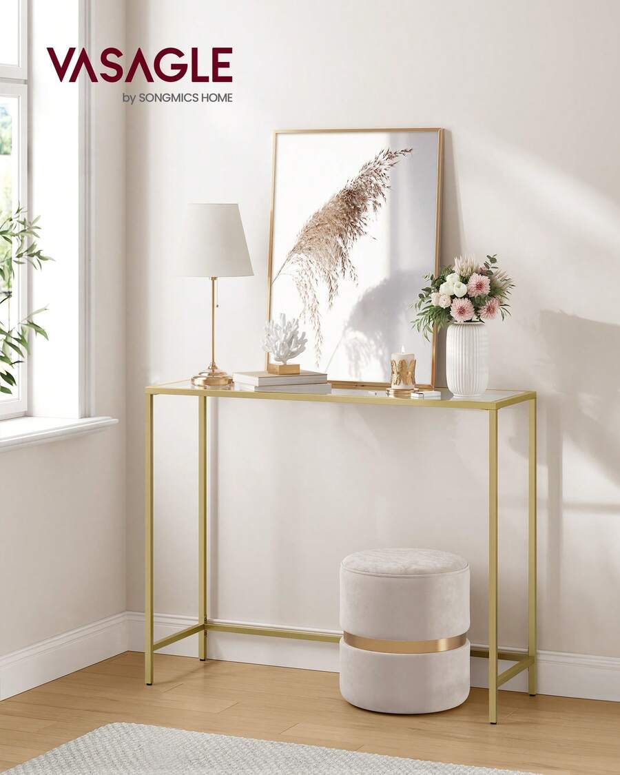 VASAGLE Console Table, Tempered Glass Table Top, Metal Frame, Heavy Duty, Adjustable Legs, For Living Room, Entryway, Hallway, Gold - Gold - View 1