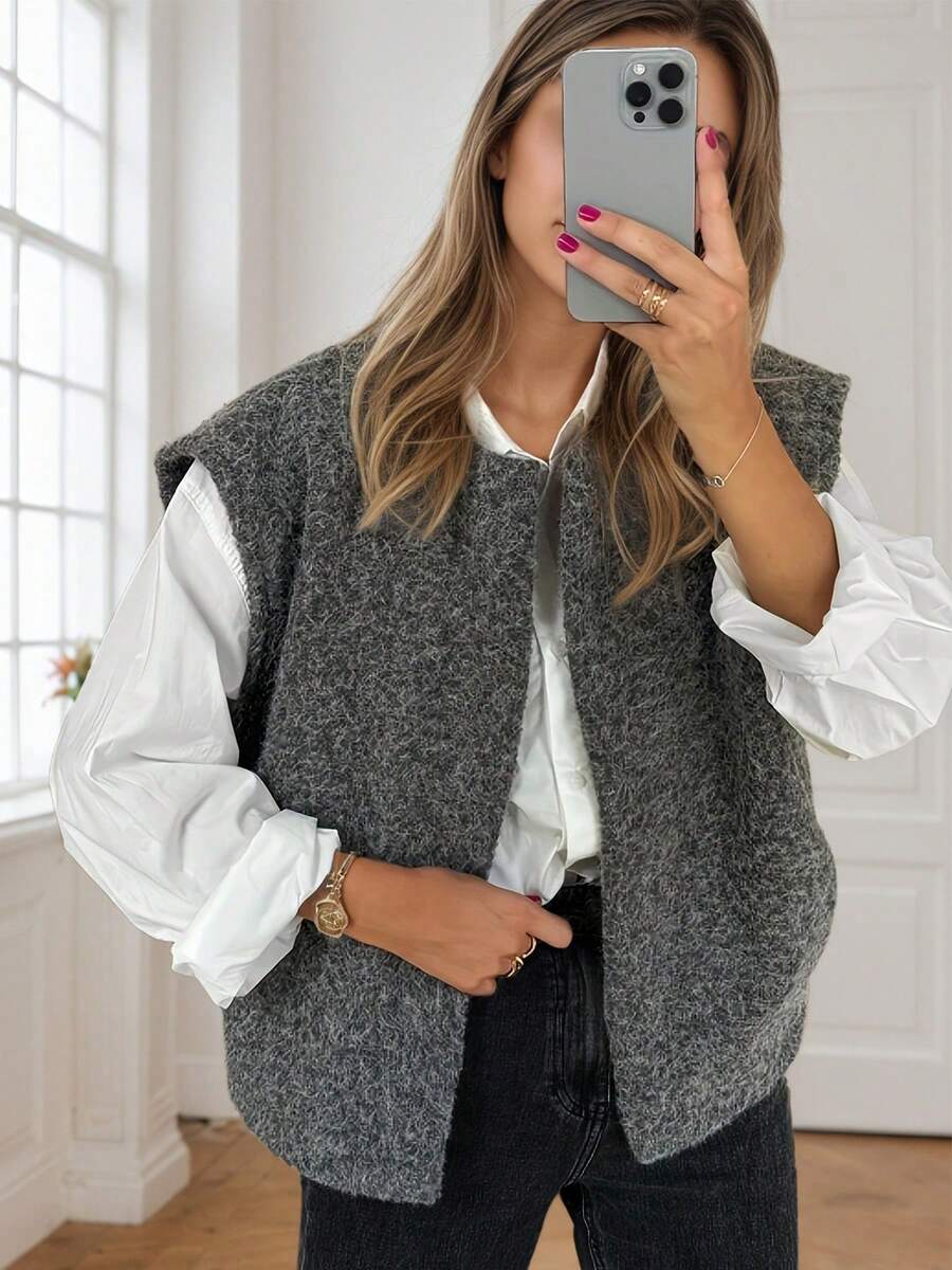 女士休闲宽松纯色毛绒无袖开衫针织衫，秋冬款 - 灰色 - 查看 1