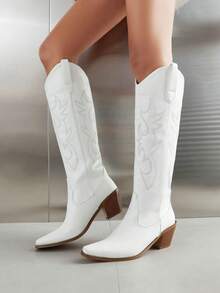 Giày bốt cao bồi miền Tây thêu mũi nhọn cho nữ, kiểu dáng cổ điển, cao đến đầu gối, thích hợp cho mùa thu, dành cho nữ, giày bốt mùa đông cho nữ - trắng - Xem 2