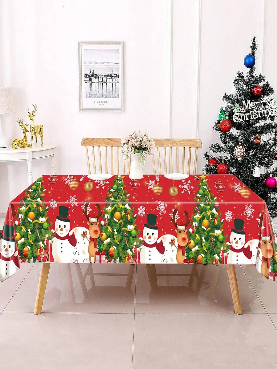 1Pc Christmas Tablecloth,Red Christmas Tree Snowman & Reindeer Pattern Table Cover,137*274cm Christmas Decor Plastic Tablecloth,Xmas Party Disposable PE Tablecloth,Merry Christmas Table Flag,Christmas Decoration For Home,Kitchen Dining Table Decor,Christmas Party Supplies,Christmas Gift,Holiday Party Favor,Xmas Decor,Home Decor - Red - View 1