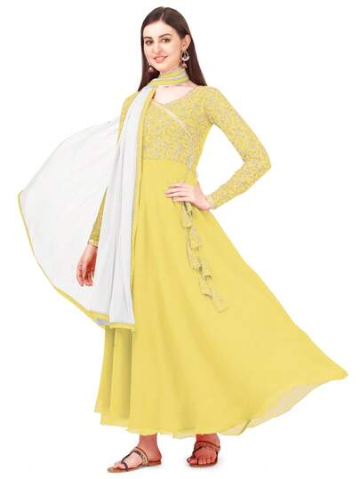 Estationeryhouse Women's Georgette Anarkali Kurta Kurti With Heavy Embroidery With Contrast Dupatta (Bottoms Not Included)