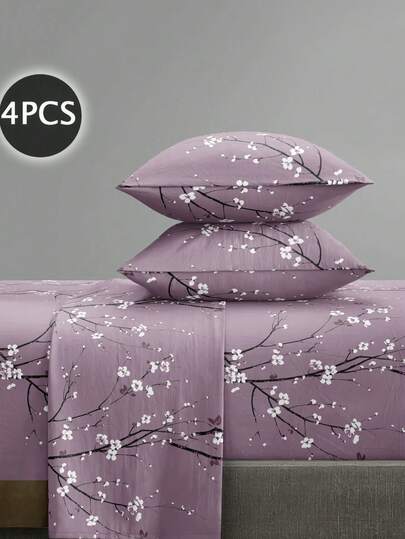 4pcs/Set Purple Plum Blossom Branch Flower Pattern Sheet Set Easy Care Microfiber Soft Bedding Set Floral Fitted Sheet Set (1pc Flat Sheet+1pc Fitted Sheet+2pcs Pillowcases) Fitted Sheet Set King Queen Full TWIN SIZE Sheet Deep Pocket Up To 11.8 Inch Pillowcase, Soft Breathable Wrinkle-Free Better For Sleep, Luxury Hotel Style, Gift For Mom Dad Friend Domitory Bedding Back School Bedding Domitory Bedding Back School Bedding