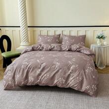 3pcs Set White Leaf & Coffee Floral Plant Print Duvet Cover Set, Tea Talk Coffee (2*Pillowcase, 1*Duvet Cover, No Filling), Light Coffee Bedding, Super Soft & Breathable Polyester Fabric, Suitable For All Seasons, Zipper Closure, Perfect For Bedroom, Guest Room Or Dormitory