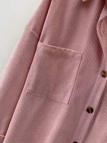 女士灯芯绒衬衫式外套，带口袋和纽扣领 - 纯色长袖秋冬假日旅行休闲装，女士秋季服装，法兰绒衬衫 - 粉色 - 查看 5