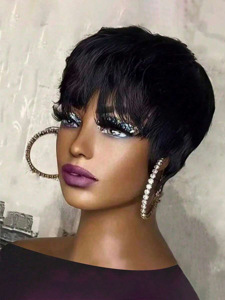 6inch Short Pixie Cut Wig With Bangs For Women With Side Bangs Natural Straight Human Hair - SNatural - View 1