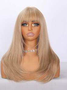 24-Inch Light Blonde Medium-Length Straight Wig With Bangs And Rose Lace, Suitable For Daily/Party/Holiday Wear - Gold - View 3