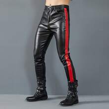 Idopy Men`S Motorcycle Slim Fit Five Pockets Stretchy Faux Leather PU Pants Concerts Party Night Club Rider Trousers With Strips - màu đen - Xem 7