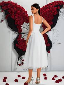 ADYCE Vestido Midi Elegante de Festa com Decote Quadrado, Cintura Alta, Recortes em Branco Puro, Costas Abertas, para Festa de Formatura, Aniversário, Festa à Noite, Festa de Boas-Vindas, Casamento, Coquetel, Família e Festival